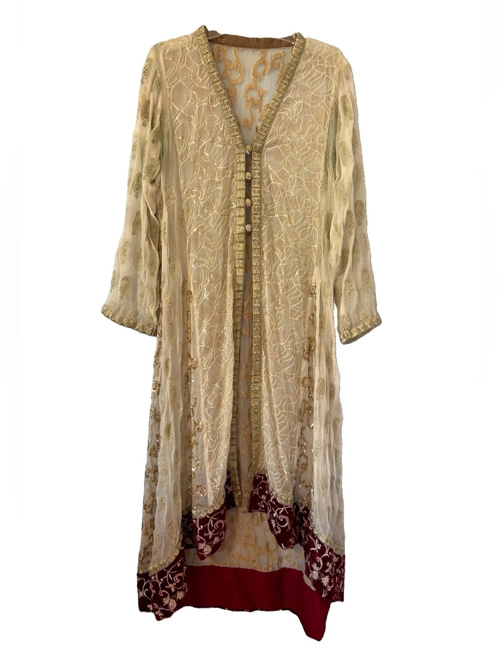Vintage Handmade Indian Maxi Dress Gold Sequin Velvet Embroidered Boho Gown M/L